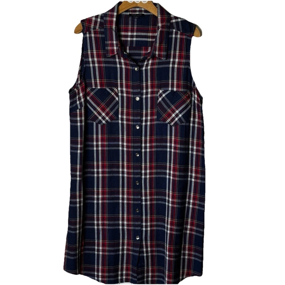 Tommy Hilfiger Shirt Dress 10 Blue Red Plaid Sleeveless Pockets American Classic